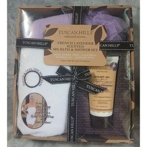 Tuscan Hill French Lavender Spa Bath Shower Set Body Towel Hair Wrap Gel Pouf